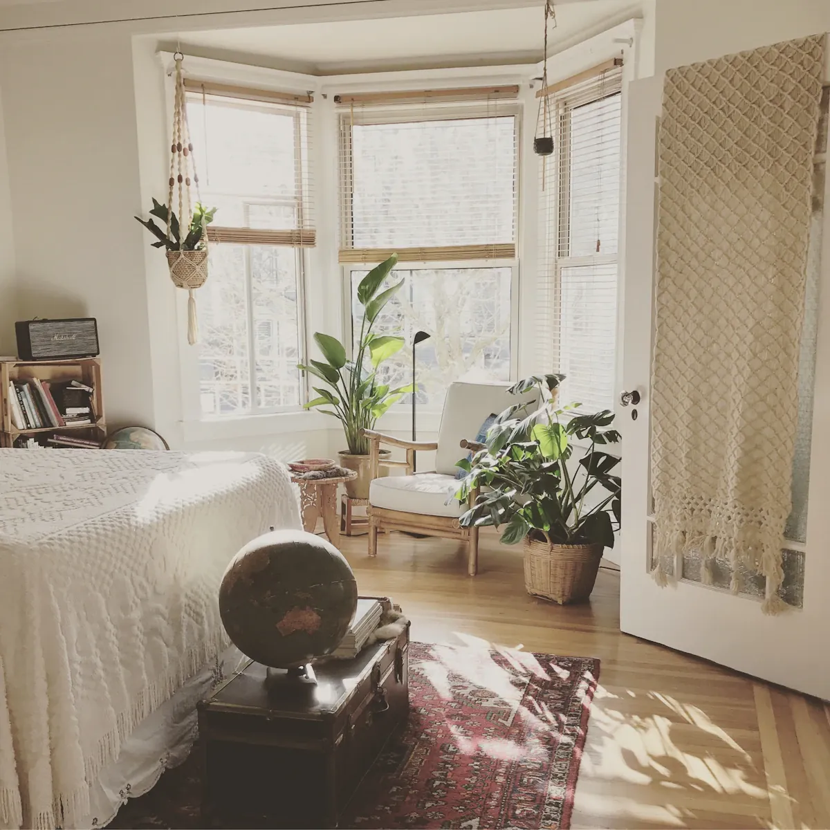 Sunlit room with a bed, round-backed chair, large windows and indoor plants