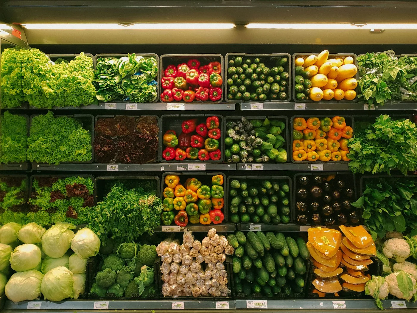 Colourful vegetables and fruit arranged in a market display