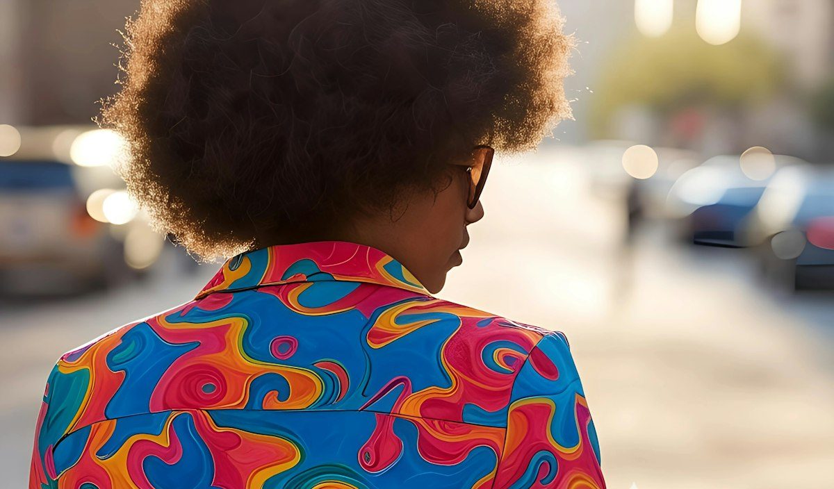 The back of a colorful printed shirt worn outdoors.