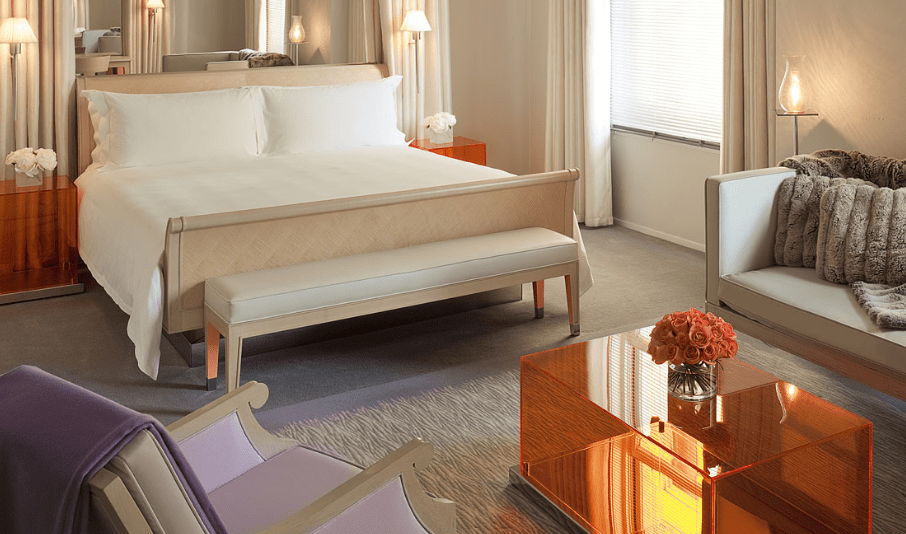 The clift Hotel bedroom Lady Trekking san Francisco